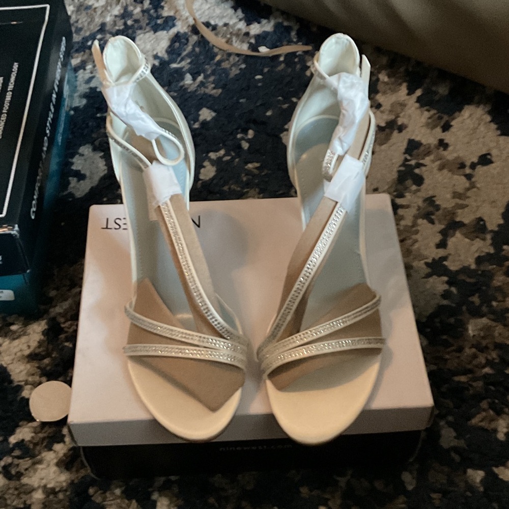 Nine West Cream Strappy T‑Bar Heeled Sandals